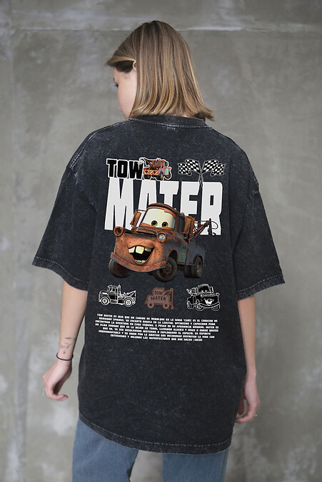 Women's Washed Oversized T-Shirt with Tow Mater Print, Black - #8056389