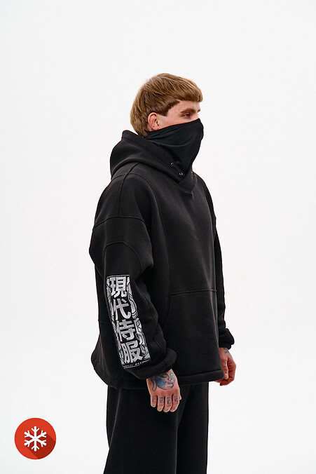 Herren-Hoodie mit integrierter Sturmhaube und Stickerei, schwarz - #8037391