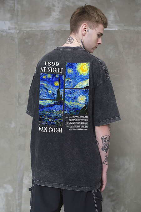 Men's Washed Oversized T-shirt with Van Gogh Print, Black - #8056392