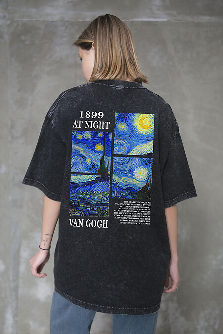 Women's Washed Oversized T-shirt with Van Gogh Print, Black - #8056393