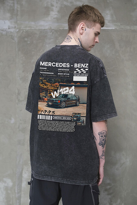 Men's Washed Oversized T-shirt with W124 Mercedes-Benz Print, Black - #8056394