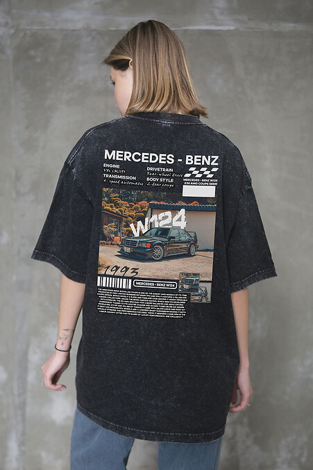 Women's Washed Oversized T-shirt with W124 Mercedes-Benz Print, Black - #8056395