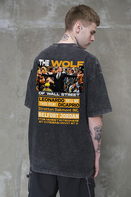 Men's Washed Oversized T-shirt with Wolf Black Print - #8056396