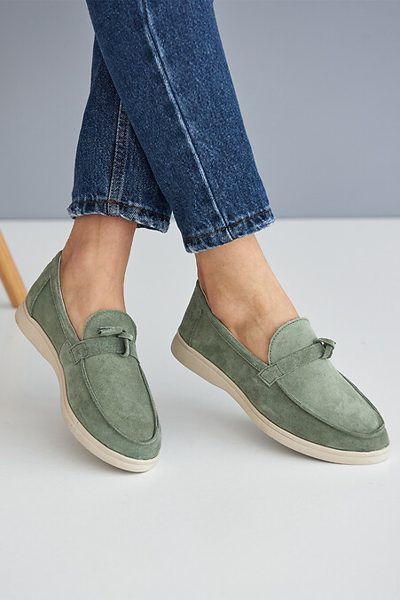 Women's loafers suede spring green. Moccasins. Color: green. #8019425