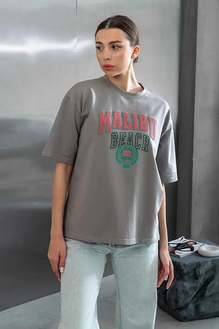 Damska koszulka oversize wykonana z bawełny z nadrukiem MALIBU BEACH Grey - #8034440