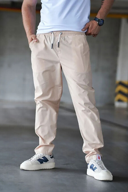 Męskie letnie spodnie sportowe z bawełnianej tkaniny przeciwdeszczowej TENCEL Joggers Straight Beige - #8034442