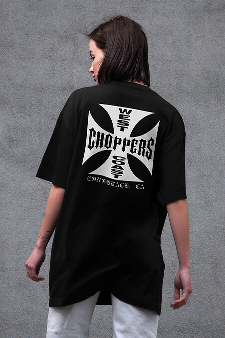Women's Oversized T-Shirt with Choppers Print Black - #8049451