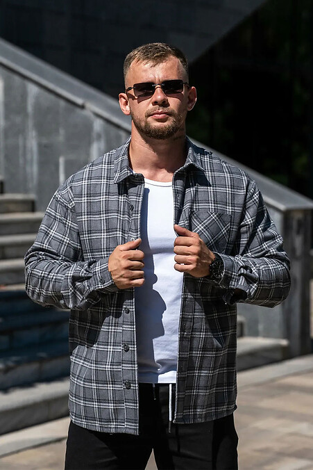 Чоловіча сорочка в клітинку із легкої бавовняної фланелі, темно-сіра - #8034463