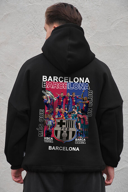 Schwarzer Herren-Oversize-Hoodie aus Fleece mit Kapuze und Barcelona-Print - #8056465