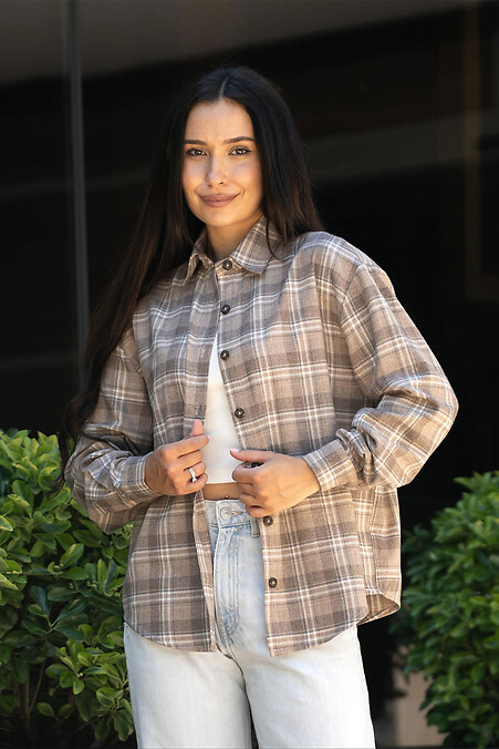 Women's cotton oversized flannel shirt in a beige check pattern - #8034468