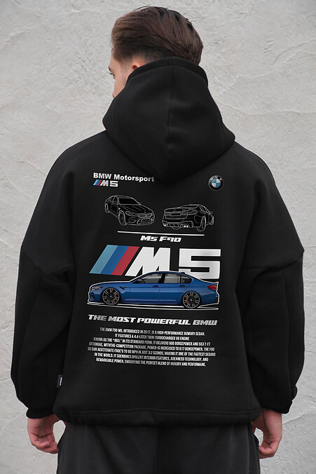 Schwarzer Herren-Oversize-Hoodie aus Fleece mit Kapuze und BMW M5 F90-Print - #8056469