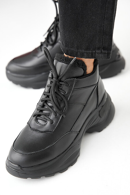 Women's black winter leather sneakers - #2505470