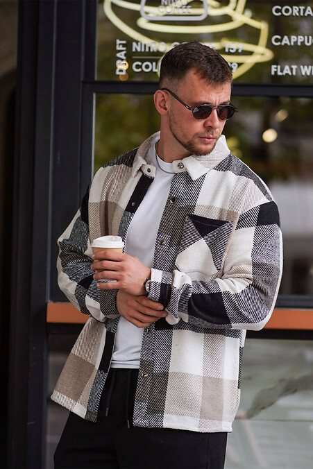 Чоловіча сорочка у клітку з кашеміру Бежева з чорним - #8034474