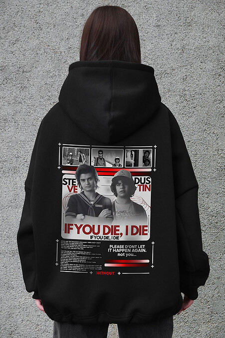 Czarna damska bluza oversize z flisu z kapturem i nadrukiem Die Stranger Things - #8056476