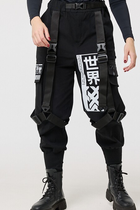 Damen-Cargohose aus Baumwolle und Aufdruck „Cyber“. Hosen. Farbe: das schwarze. #8037478