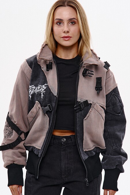 Women's bomber jacket made of boiled denim and cotton "SM-2432". Outerwear. Color: black, gray. #8037483