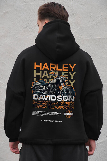 Czarna męska bluza oversize z flisu z kapturem i nadrukiem Harley - #8056483