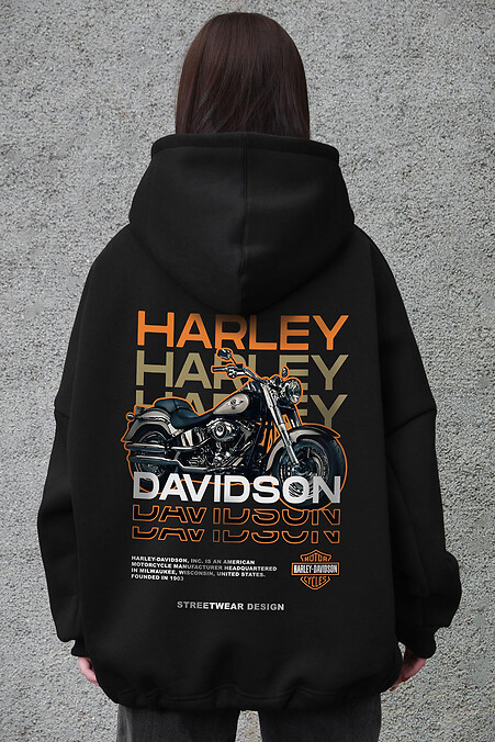 Schwarzer Damen-Oversize-Hoodie aus Fleece mit Kapuze und Harley-Print - #8056484