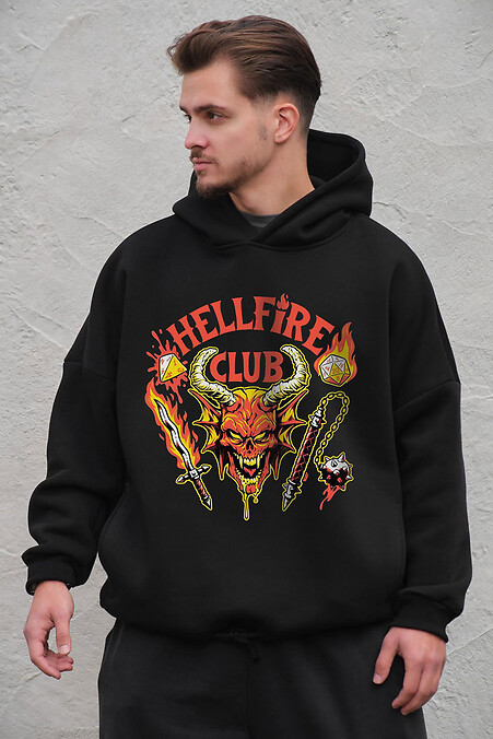 Czarna męska bluza oversize z flisu z kapturem i nadrukiem Hellfire Club - #8056485
