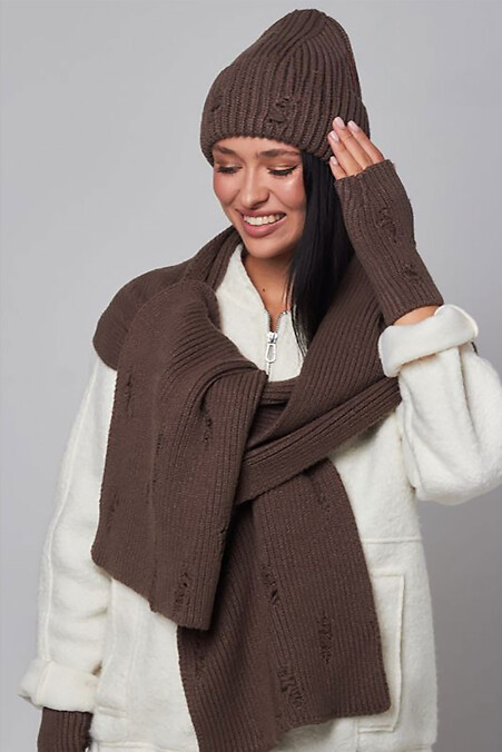 Women's mocha-colored hat, scarf, and mittens set - #4496486