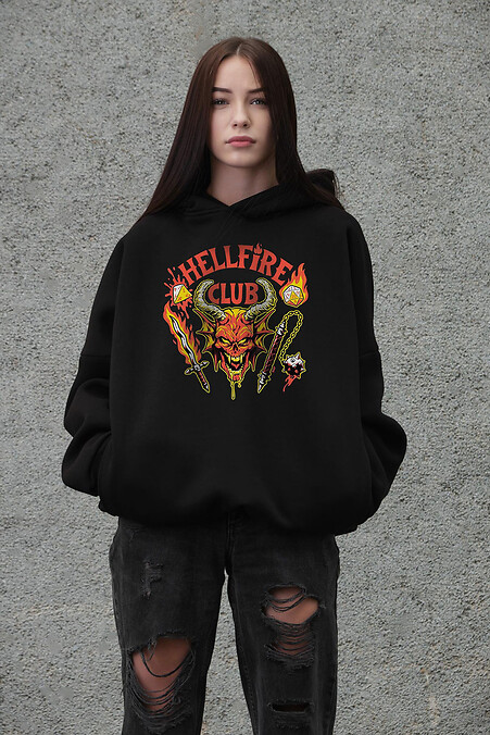 Schwarzer Damen-Oversize-Hoodie aus Fleece mit Kapuze und Hellfire Club-Print - #8056486