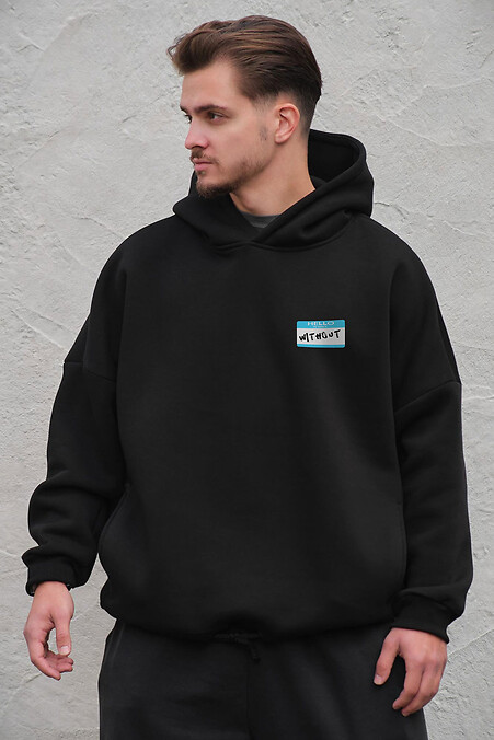 Schwarzer Herren-Oversize-Hoodie aus Fleece mit Kapuze und Hello-Print - #8056487