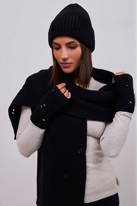 Жіночий комплект шапка, шарф та мітенки чорного кольору - #4496488