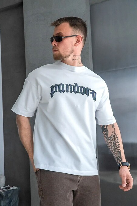 Męska koszulka typu oversize z nadrukiem PANDORA, biała - #8034493