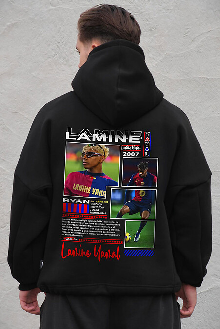 Schwarzer Herren-Oversize-Hoodie aus Fleece mit Kapuze und Lamine Yamal-Print - #8056493
