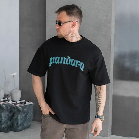 Męska koszulka typu oversize z nadrukiem PANDORA, czarna - #8034494