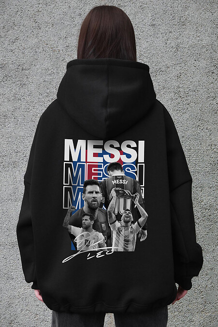 Schwarzer Damen-Oversize-Hoodie aus Fleece mit Kapuze und Messi-Print - #8056498