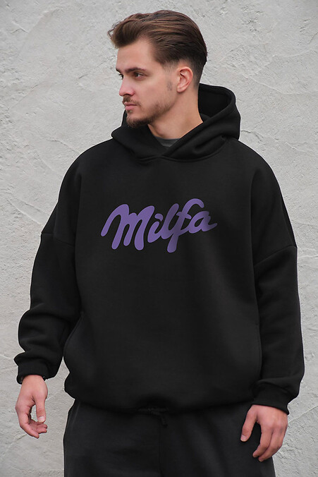 Czarna męska bluza oversize z flisu z kapturem i nadrukiem Milfa - #8056499