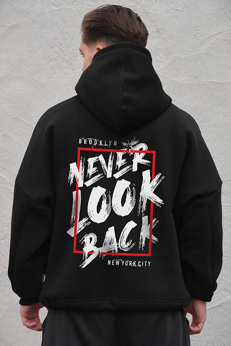 Schwarzer Herren-Oversize-Hoodie aus Fleece mit Kapuze und Never Look-Print - #8056503