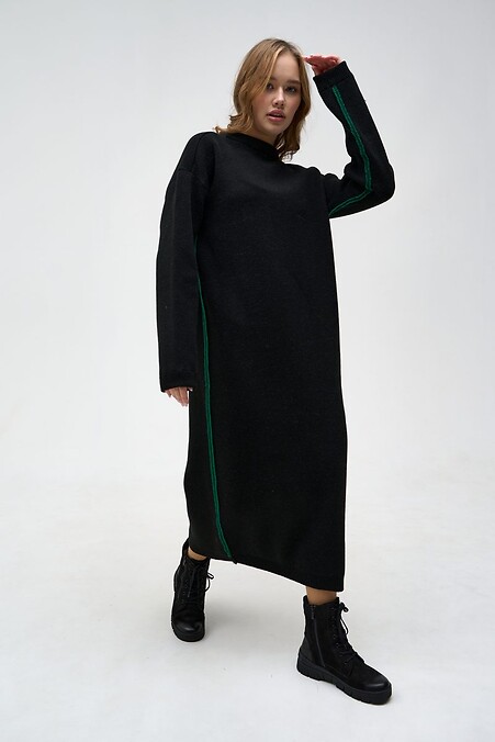 Black hooded dress with green decorative stripe - #4038505