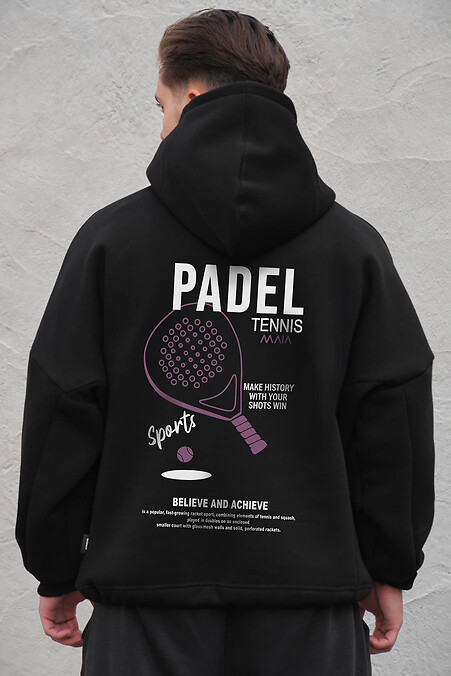 Czarna męska bluza oversize z flisu z kapturem i nadrukiem Padel Tennis - #8056509