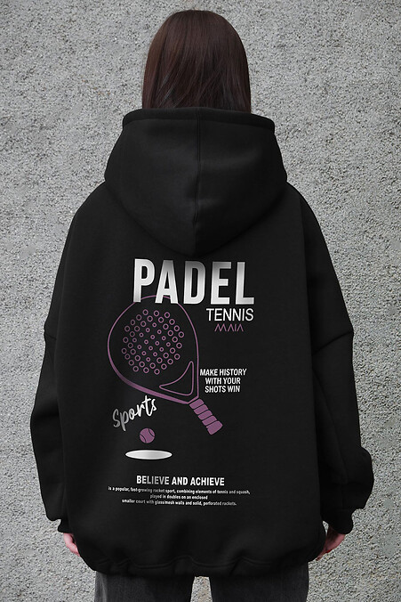 Schwarzer Damen-Oversize-Hoodie aus Fleece mit Kapuze und Padel Tennis-Print - #8056510