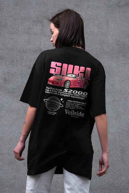 Damski T-shirt oversize z nadrukiem Suki czarny - #8049511
