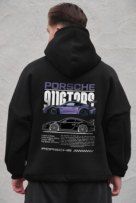 Schwarzer Herren-Oversize-Hoodie aus Fleece mit Kapuze und Porsche-Print - #8056515