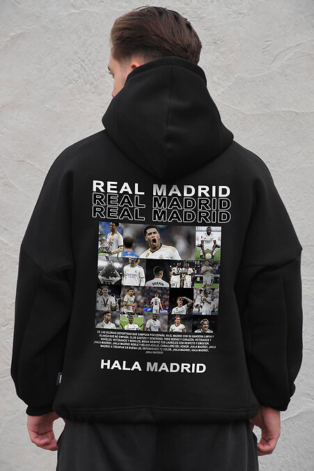 Czarna męska bluza oversize z flisu z kapturem i nadrukiem Real Madrid - #8056519