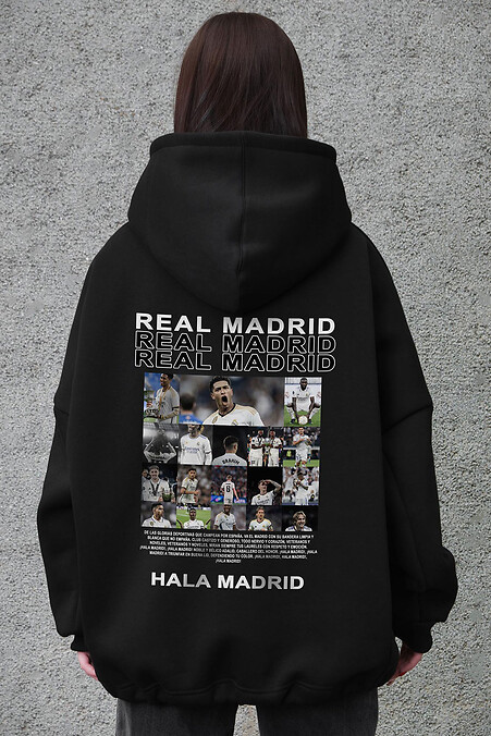 Schwarzer Damen-Oversize-Hoodie aus Fleece mit Kapuze und Real Madrid-Print - #8056520