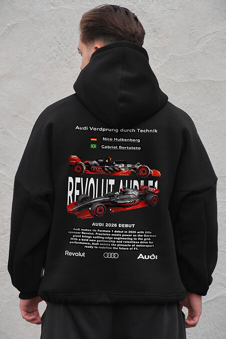 Schwarzer Herren-Oversize-Hoodie aus Fleece mit Kapuze und Revolut Audi-Print - #8056521