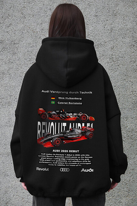 Schwarzer Damen-Oversize-Hoodie aus Fleece mit Kapuze und Revolut Audi-Print - #8056522