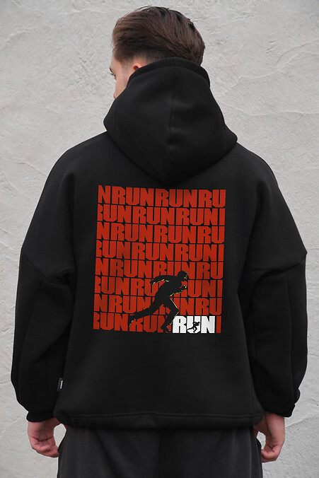 Schwarzer Herren-Oversize-Hoodie aus Fleece mit Kapuze und Run-Print - #8056523