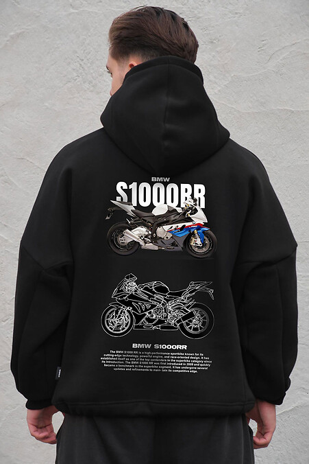 Czarna męska bluza oversize z flisu z kapturem i nadrukiem S1000RR - #8056525