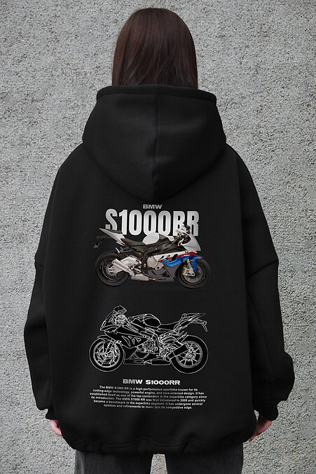 Schwarzer Damen-Oversize-Hoodie aus Fleece mit Kapuze und S1000RR-Print - #8056526