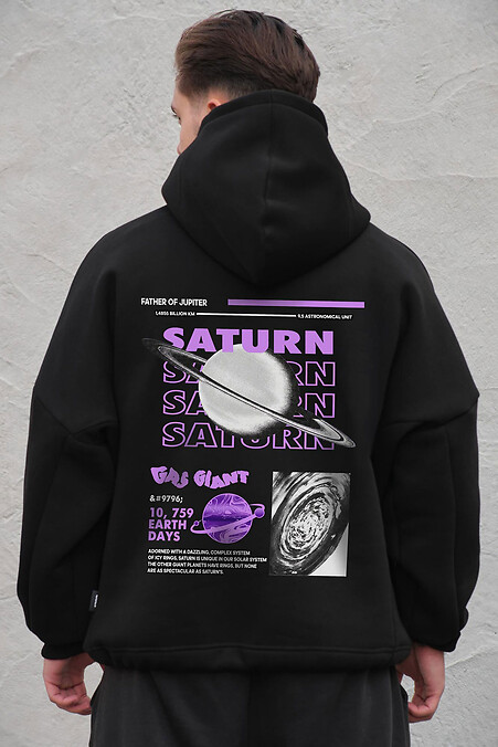 Schwarzer Herren-Oversize-Hoodie aus Fleece mit Kapuze und Saturn-Print - #8056527