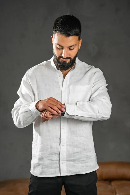 Мужская однотонная рубашка из плотного льна Casual Linen Белая - #8034529