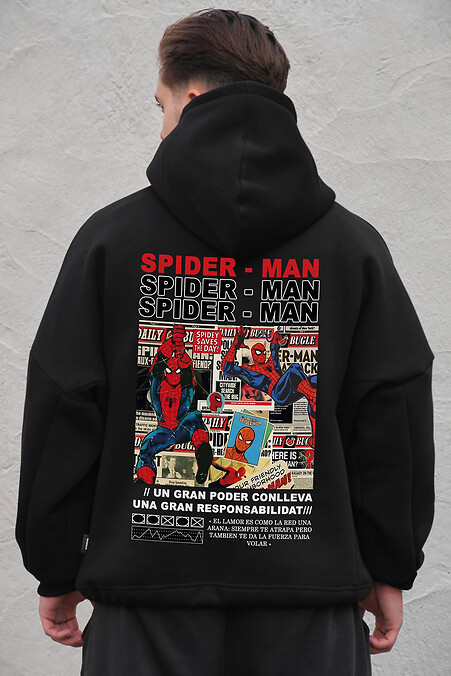Czarna męska bluza oversize z flisu z kapturem i nadrukiem Spider-Man - #8056531