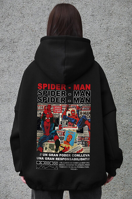 Женское оверсайз-худи-толстовка на флисе с капюшоном и принтом Spider-Man Black - #8056532