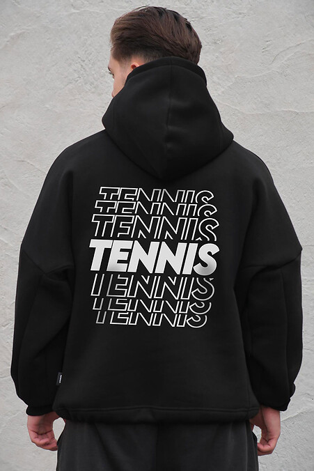 Schwarzer Herren-Oversize-Hoodie aus Fleece mit Kapuze und Tennis-Print - #8056533